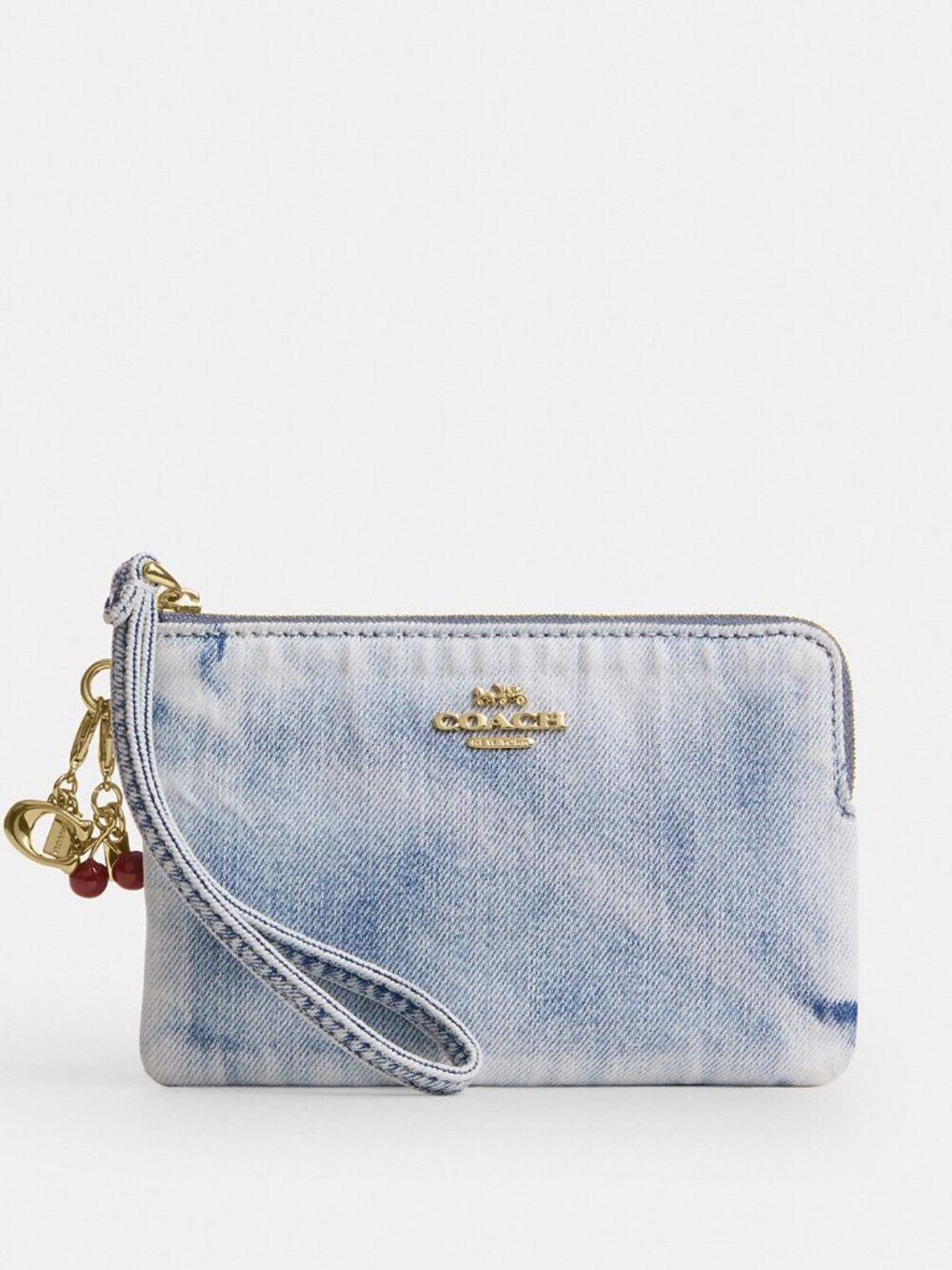Coach Corner Zip Wristlet In Loved Denim With Charms